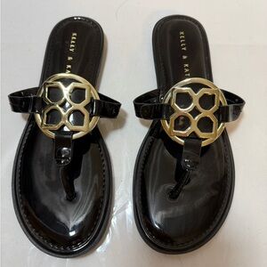 Kelly & Katie Glossy Black Sandals with Gold Accent